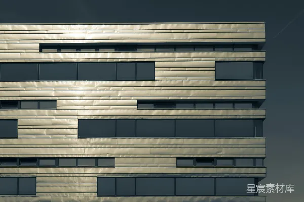 高清摄影 现代建筑外立面，带有水平金属板和窗户。