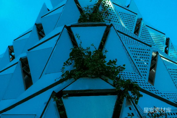 高清摄影 现代几何风格的建筑，绿色藤蔓覆盖其中