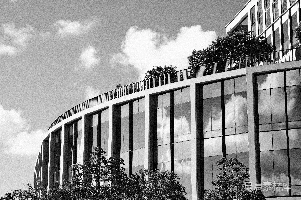 高清摄影 现代建筑，带有反光玻璃窗户和树木。