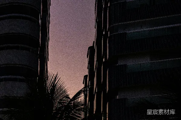 高清摄影 剪影中的建筑物和棕榈树在夕阳下的天空中。