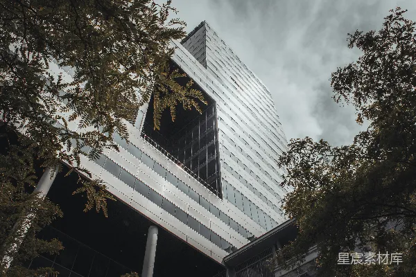高清摄影 一座非常高大的建筑物紧挨着一些树木。