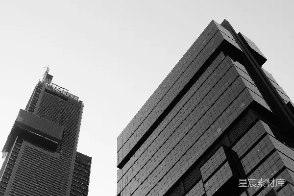 高清摄影 一张黑白照片，展示了两座高大的建筑物。
