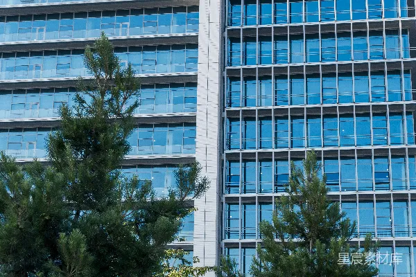 高清摄影 现代建筑，蓝玻璃窗户，绿松树。
