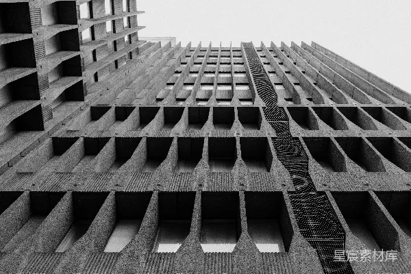 高清摄影 现代 Brutalist 建筑立面，带有重复的几何图案。