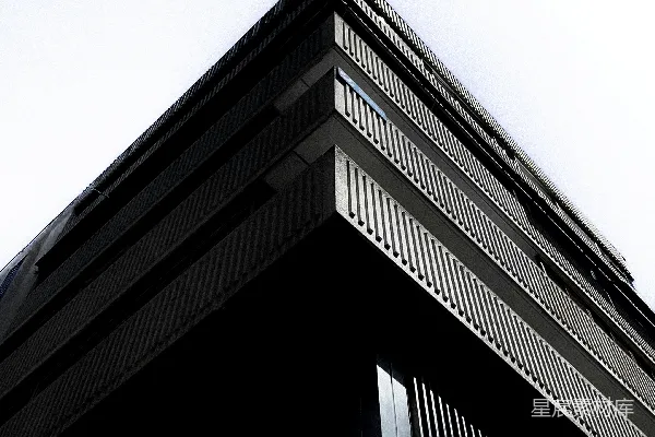 高清摄影 现代的暗色建筑，带有阳台，背景是明亮的天空。