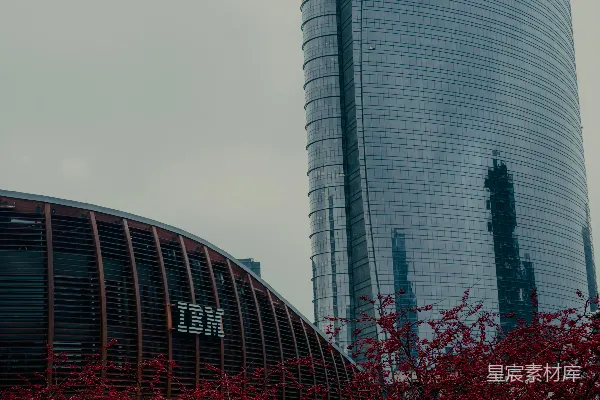 高清摄影 弯曲玻璃的摩天大楼和IBM大楼，旁边有鲜艳的红色植被。