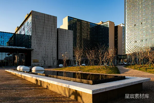 高清摄影 现代建筑配以水景和光秃的树木。