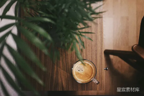 棕色桌面上一个透明玻璃杯里半满的咖啡旁边放着一盆植物。