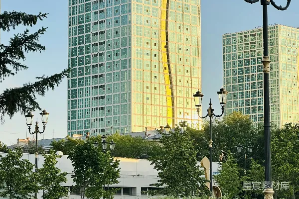 高清摄影 城市景观，现代摩天大楼，绿树成荫，优雅的路灯。