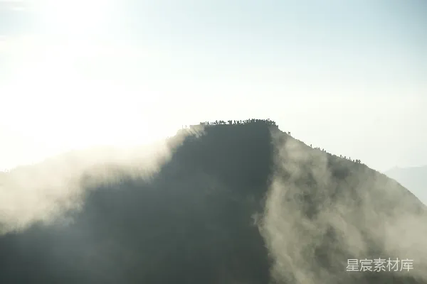 一只鸟飞过被雾笼罩的山峰