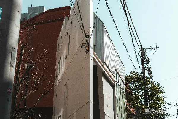 高清摄影 角度锐利的现代化建筑在狭窄的街道上矗立，街道上还有电线。