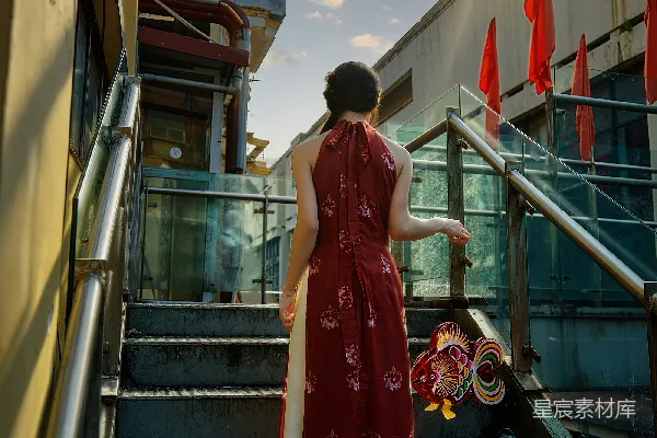 传统服装的女子手持灯笼走上楼梯。