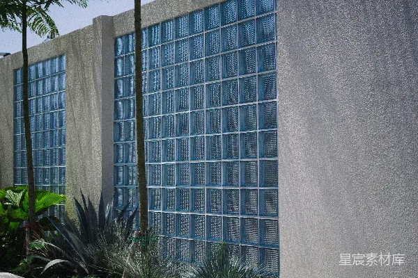 高清摄影 现代化建筑外观，带有玻璃砖窗户和棕榈树。