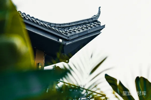 高清摄影 一座高大的建筑物，屋顶是黑色的，周围环绕着绿色植物。