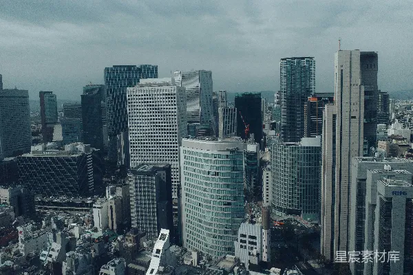 摩天大楼主宰着一片广袤的城市景观。