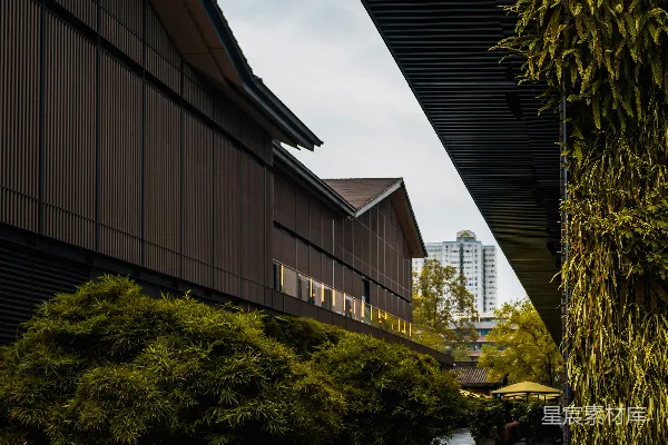 高清摄影 在两座建筑物之间的一条小路上，背景中有一个钟楼。