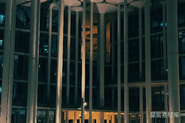 高清摄影 现代化的建筑在夜晚，拥有高大的柱子。