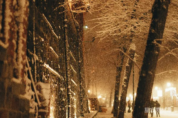 高清摄影 一条下雪的街道，人们在上面行走。