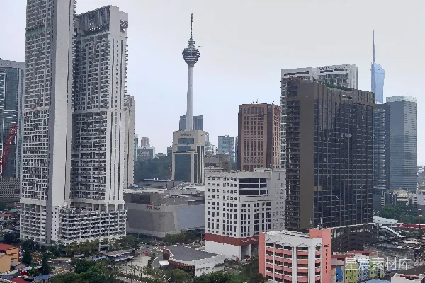 一片繁华的城市景象，高耸的建筑物和一座突出的塔楼。