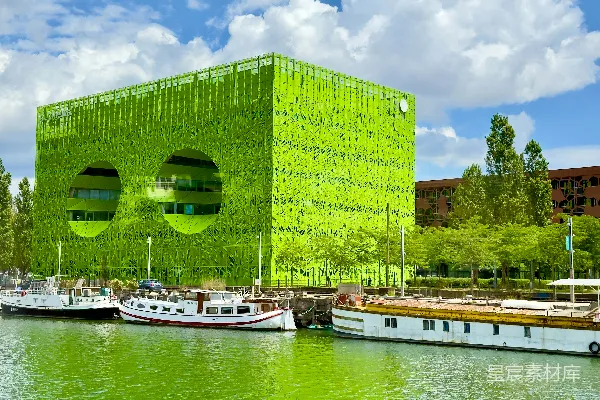 一座覆盖着绿植并傍水而建的生机勃勃的绿色建筑