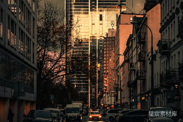 夜晚高-rise建筑前路边停放的汽车