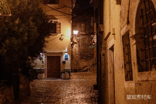 高清摄影 一条夜晚的鹅卵石街道，旁边亮着一盏灯。