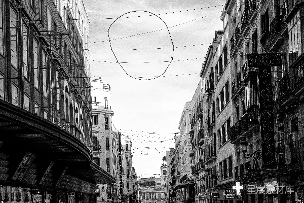 高清摄影 一张黑白照片，描绘了一条城市街道。
