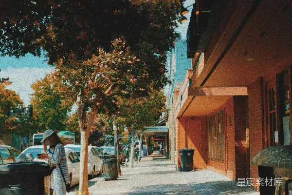 高清摄影 一位女士正在人行道上行走，旁边有一棵树。