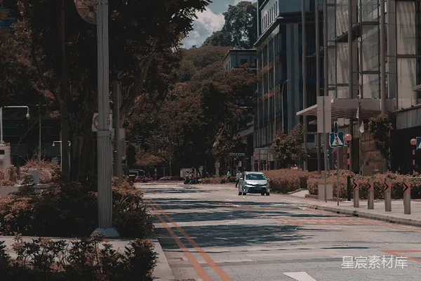 高清摄影 白天，建筑物旁边的路边停着的汽车。