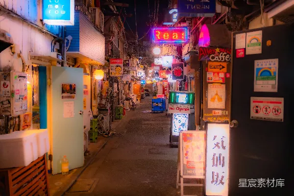 高清摄影 一条狭窄的、霓虹灯闪烁的小巷在夜晚闪烁着光芒。