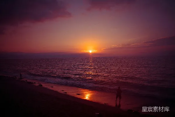 夕阳下海滩上的人 silhouette 图像