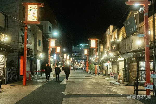 高清摄影 夜晚，人们走在街道上，街道两旁排列着商店。