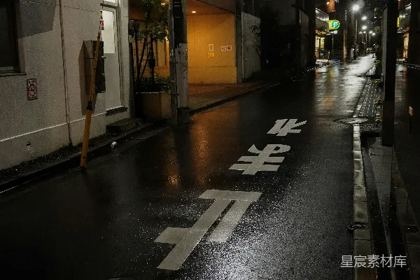 高清摄影 夜晚湿漉漉的日本城市街道，散发着光亮的日文字符。