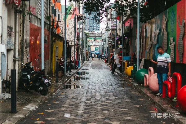 高清摄影 湿漉漉的鹅卵石小巷，两旁是建筑物和行人。