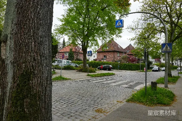 高清摄影 鹅卵石街道的十字路口，设有人行横道和住宅建筑。