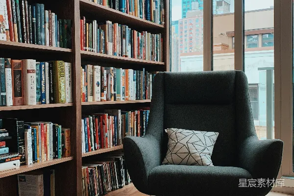 灰色绒布包裹的可旋转扶手椅靠近书籍