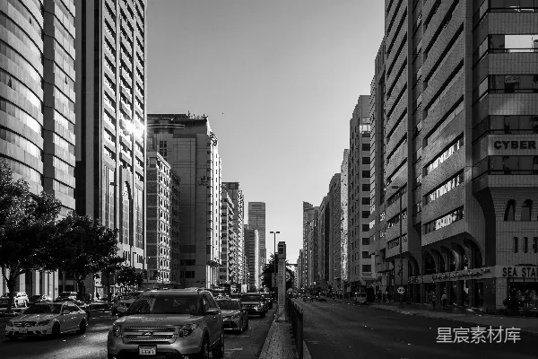 灰度照片中的汽车靠近高-rise建筑的街道