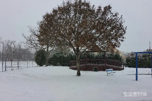 棕色木制长凳置于覆盖着积雪的地上
