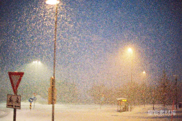 雪花在街灯的光芒下纷纷扬扬地落下。