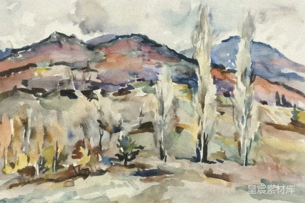 一幅树木与山峰的水彩画