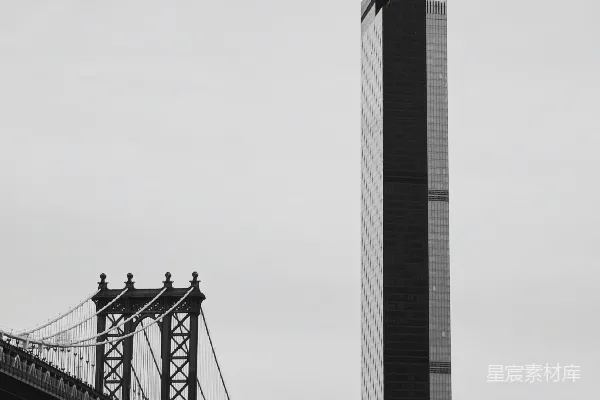 黑白照片中的桥和一座高大建筑的景象