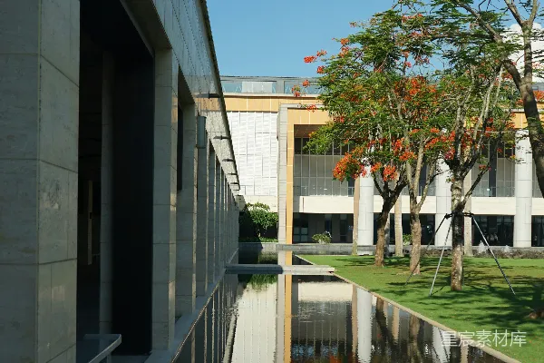 镜湖反射现代建筑、树木和湛蓝天空。