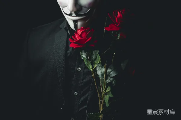 高清摄影 穿黑西装、脸上带着红玫瑰的人