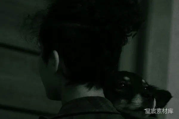 一个女人抱着一只小狗在她的怀里。