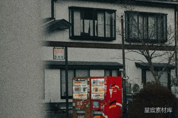 两只自动售货机立在一座建筑外面。
