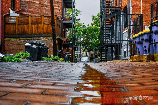 一条中间有消防栓的湿街道