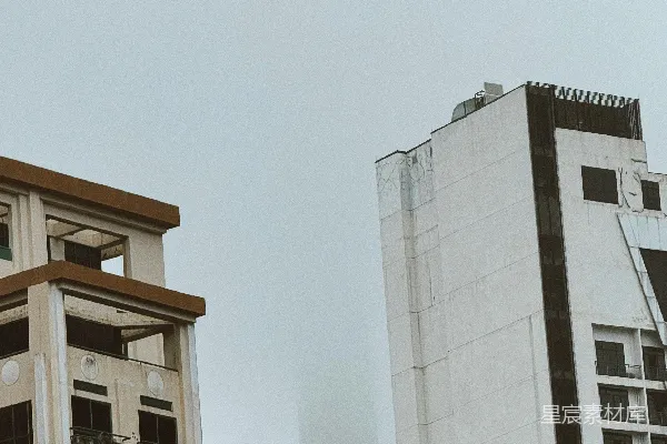 高耸的建筑在一片迷雾中与灰暗的天空相互映衬。
