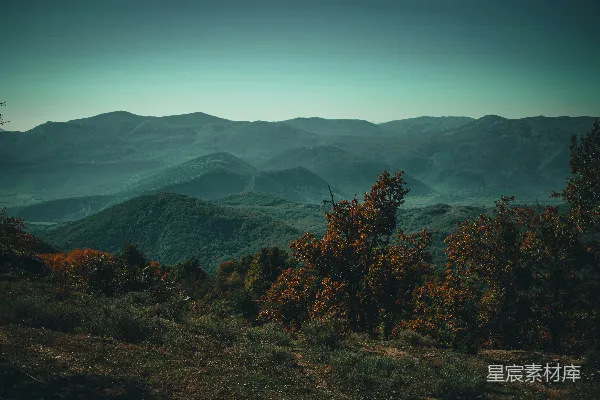 高清摄影 山脉远景，前景中有树木。