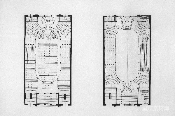 一个椭圆形建筑的两份建筑平面图