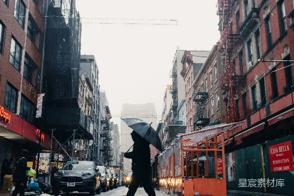 街上一个人手持雨伞行走